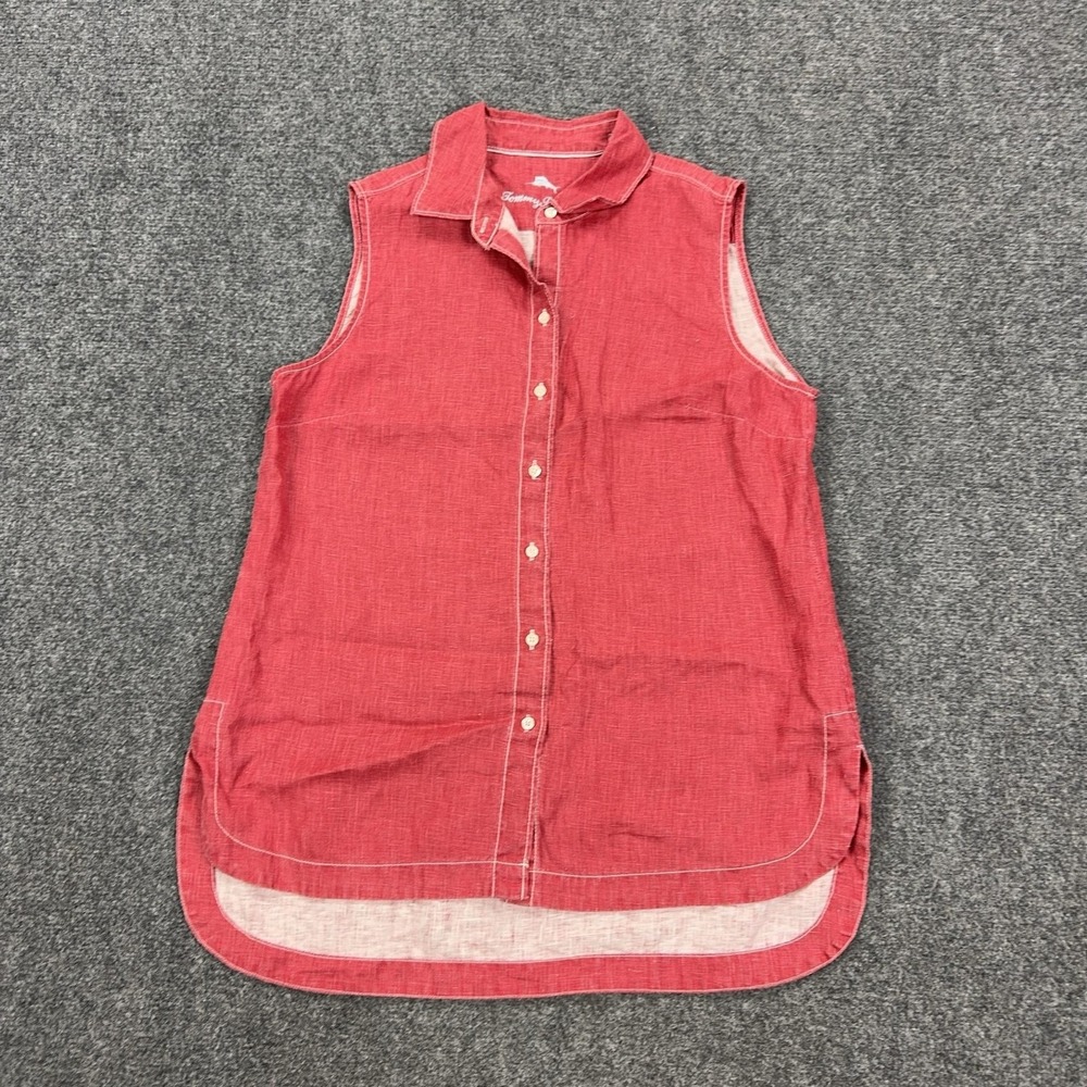 Tommy Bahama Shirt Womens S Red 100% Linen Button Front Sleeveless‎ Tunic Top